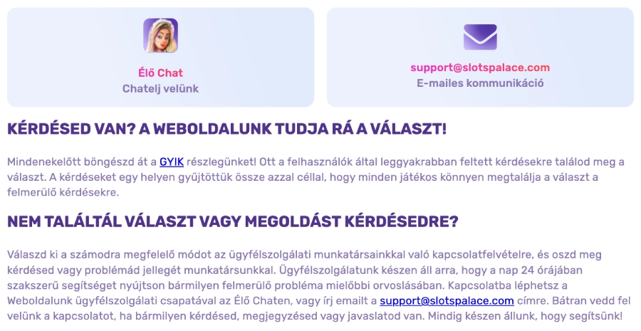 SlotsPalace elérhetőségek és válaszidő