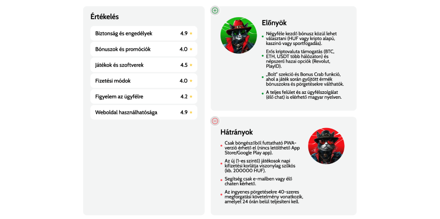 A kaszinó weboldalának értékelése