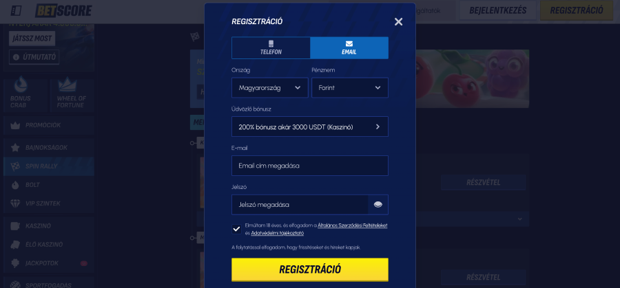 BetScore kaszinó regisztráció